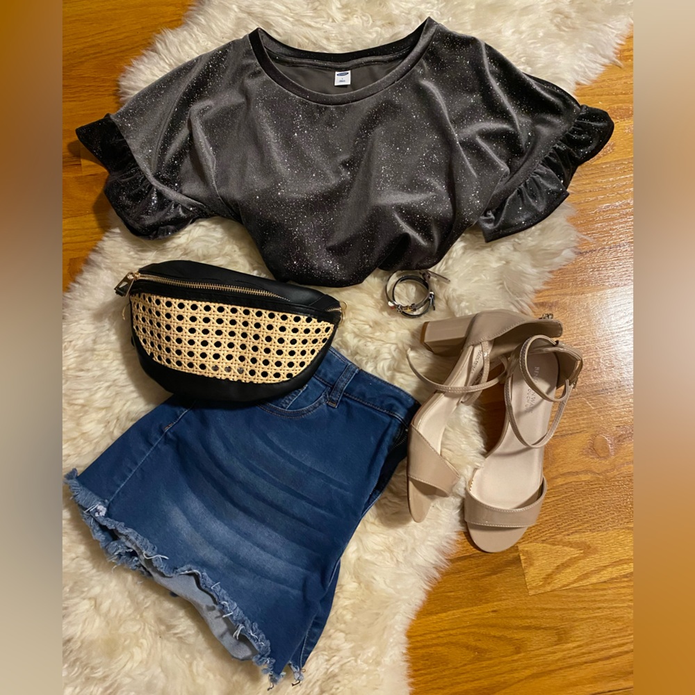 Old Navy Glitter-Velvet Charcoal Ruffle Short Sleeve Top